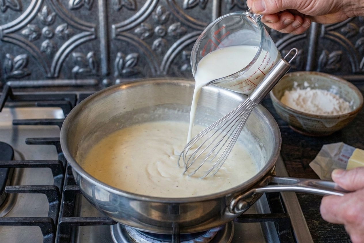 Milk being poured into a saucepan while a whisk stirs, creating a smooth creamy sauce base