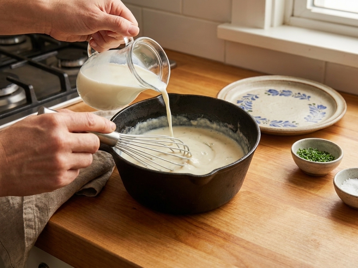 Milk being poured into a saucepan while a whisk stirs, creating a smooth white sauce base