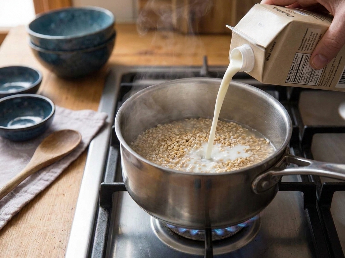 Milk being poured into a saucepan with steel cut oats and water