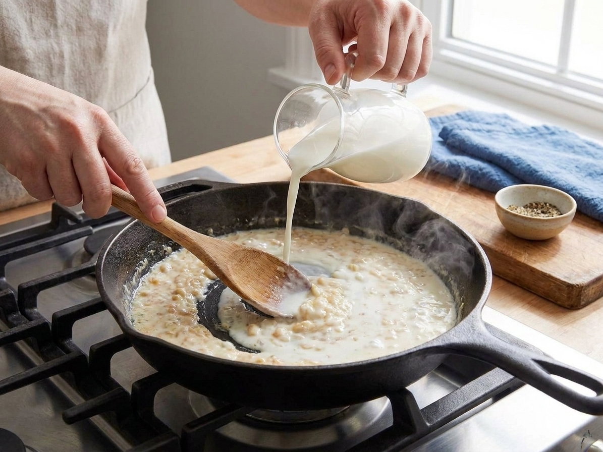 Milk being poured into a skillet while a creamy sauce is whisked smooth on the stove