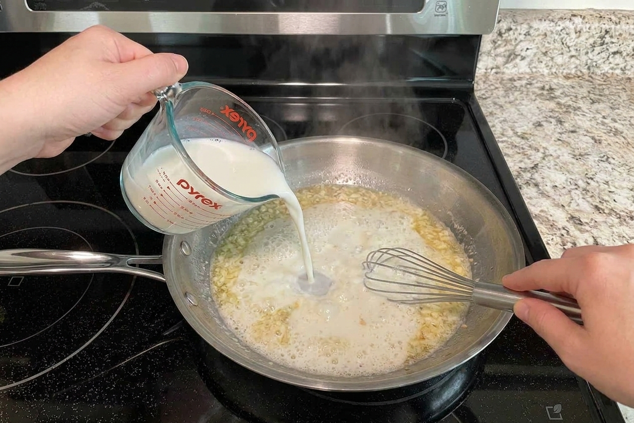 Milk being poured into a skillet with garlic butter, creating a pale sauce as it is stirred