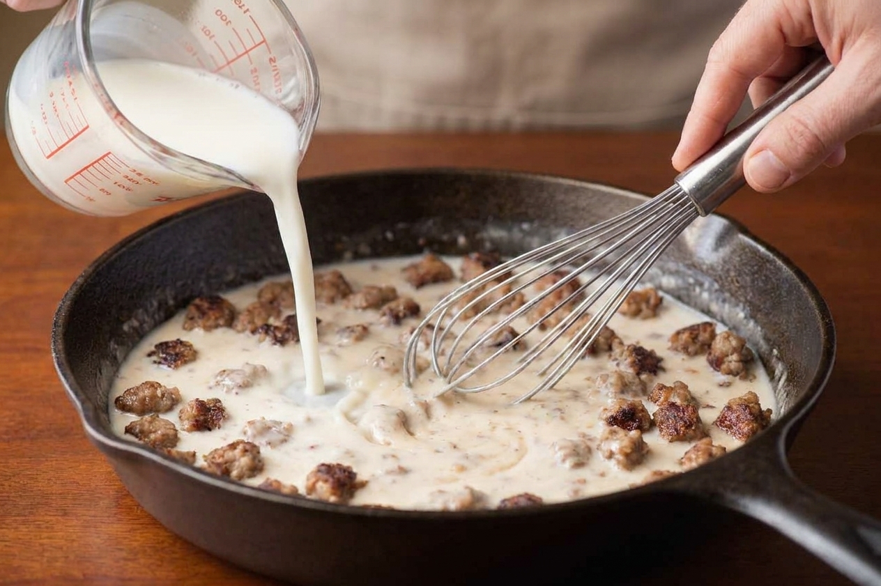Milk being poured into a skillet with sausage and roux while a whisk stirs, starting to turn creamy