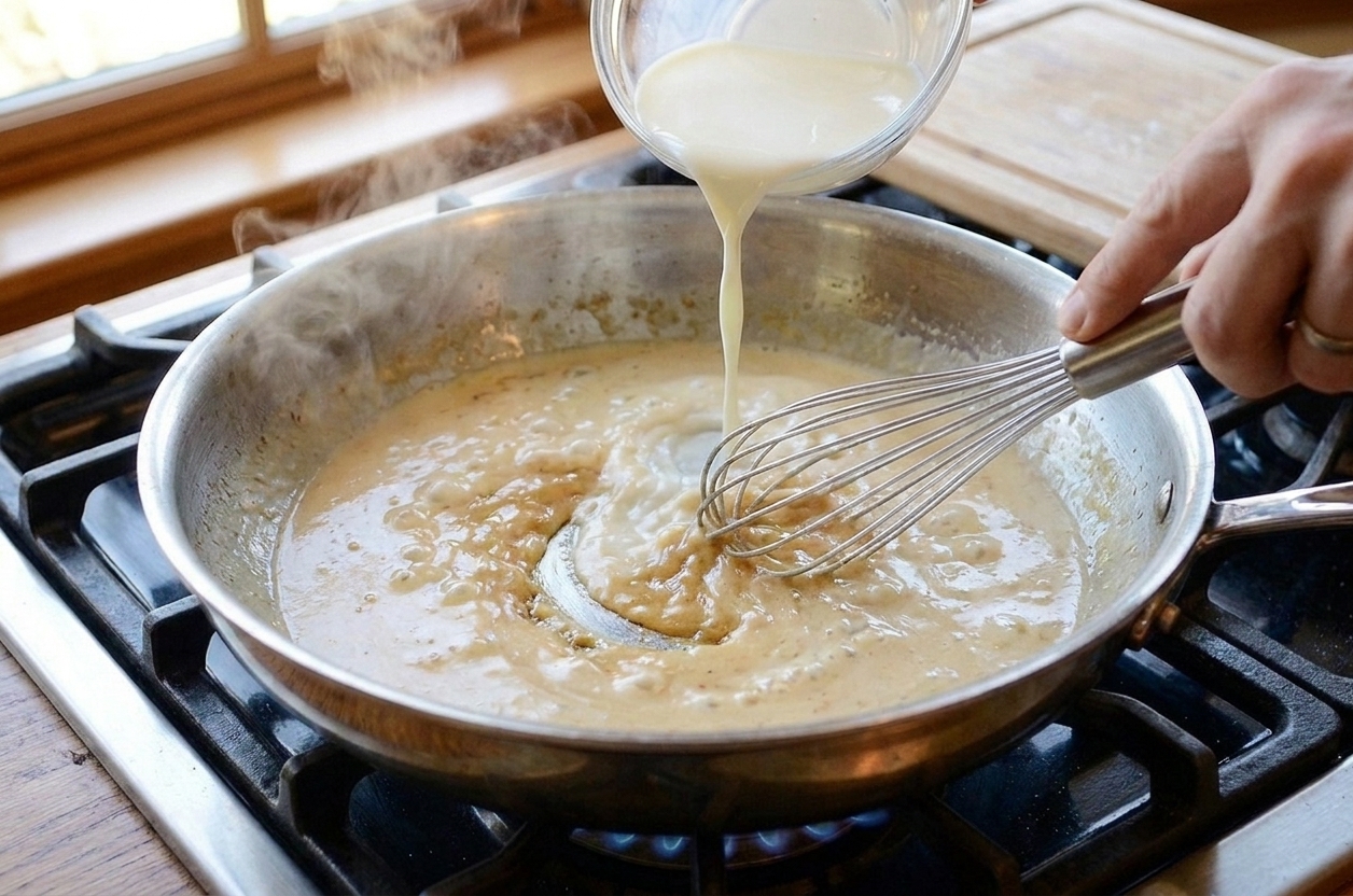 Milk being whisked into a roux in a skillet to make a smooth creamy sauce
