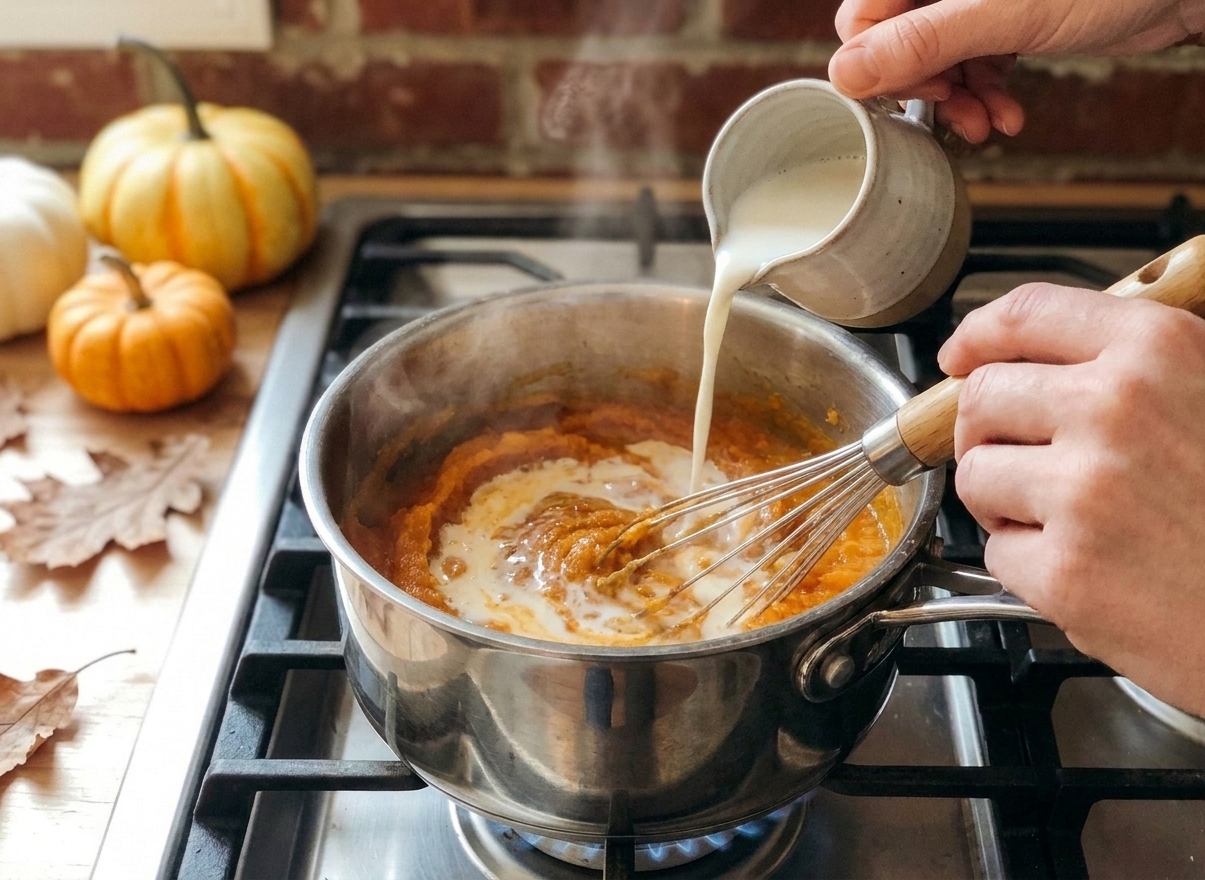 Milk being whisked into spiced pumpkin mixture as it warms gently in a saucepan