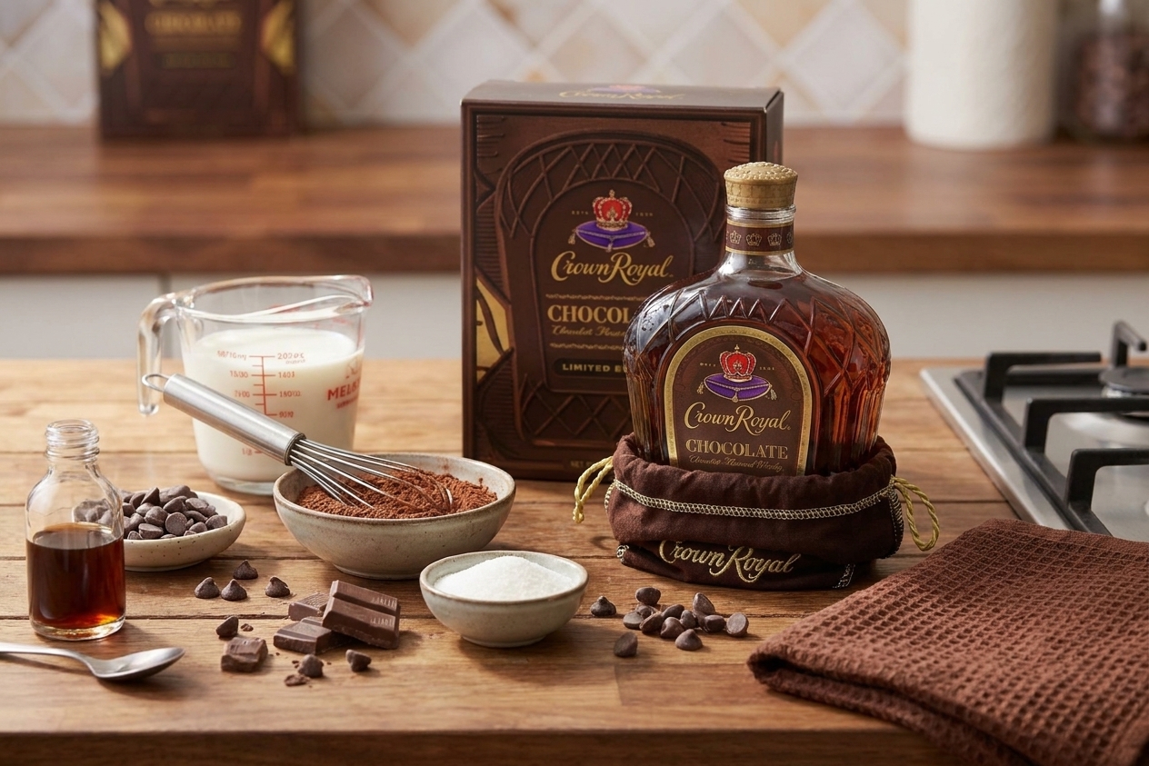 Milk, cocoa powder, sugar, chocolate chips, vanilla, and a bottle of Chocolate Crown Royal arranged on a kitchen counter