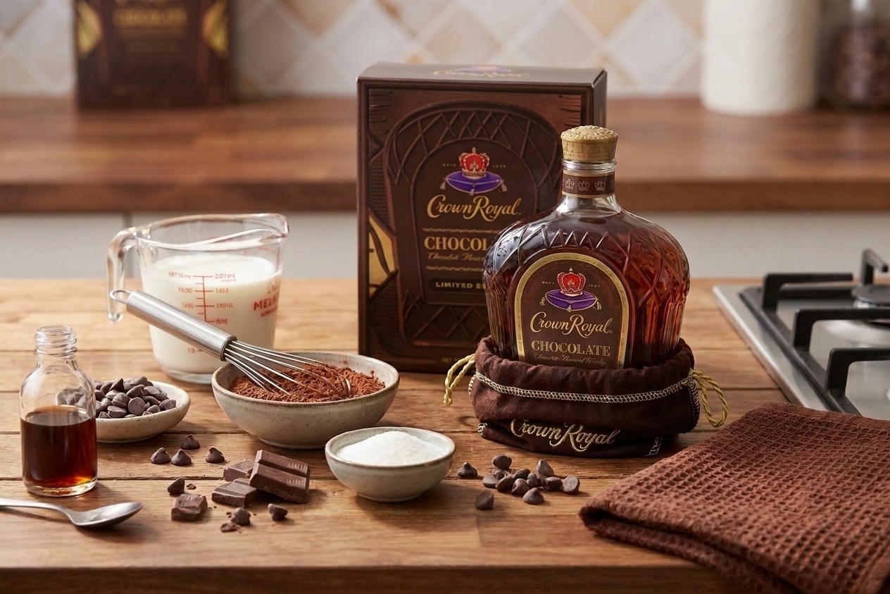 Milk, cocoa powder, sugar, chocolate chips, vanilla, salt, and a bottle of Chocolate Crown Royal arranged on a kitchen counter