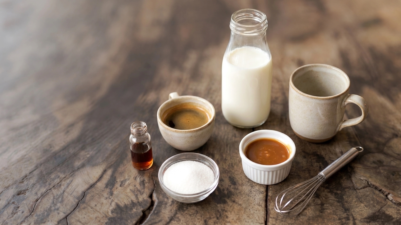 Milk, espresso, vanilla extract, sugar, and caramel sauce arranged on a light kitchen counter with a mug and a small whisk