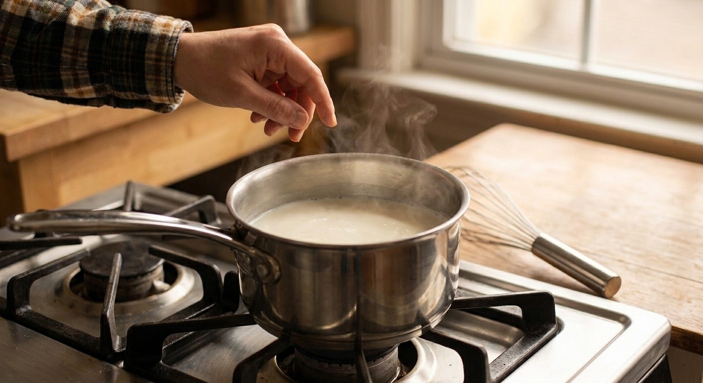 Milk gently heating in a small saucepan on a stovetop with light steam rising, a whisk resting nearby
