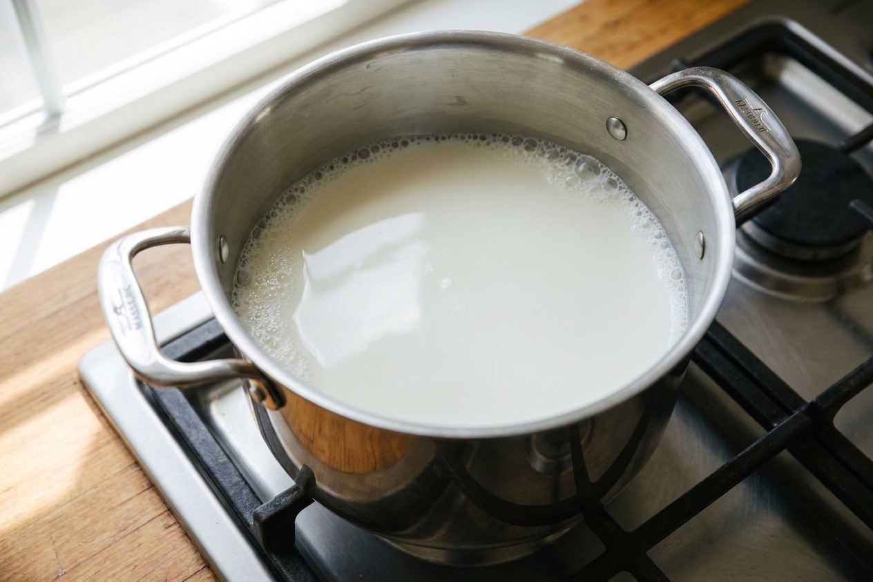 Milk gently heating in a stainless steel pot on a stovetop with small bubbles forming around the edges