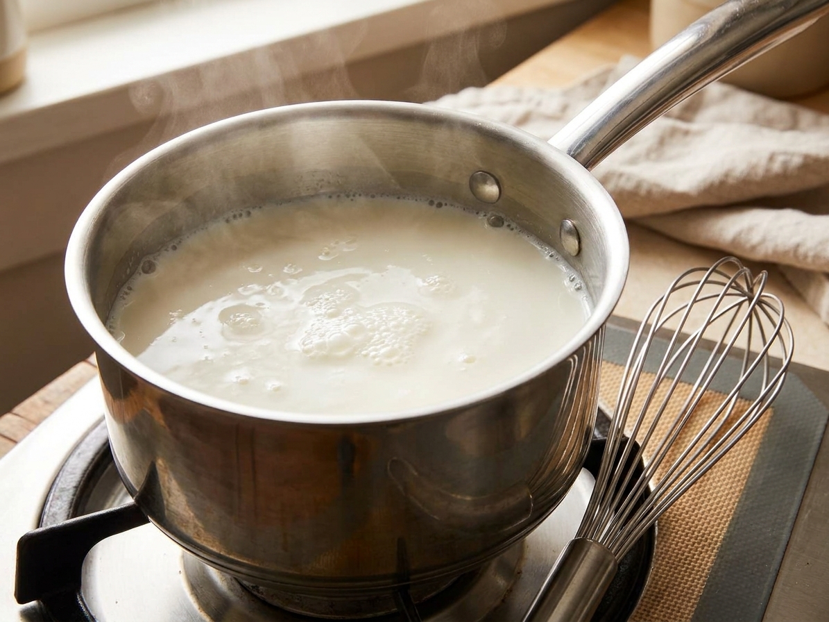 Milk gently simmering in a small stainless steel saucepan on a home stove with a whisk resting nearby