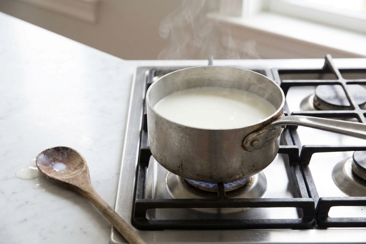 Milk gently steaming in a small saucepan on a stovetop with a wooden spoon resting beside it