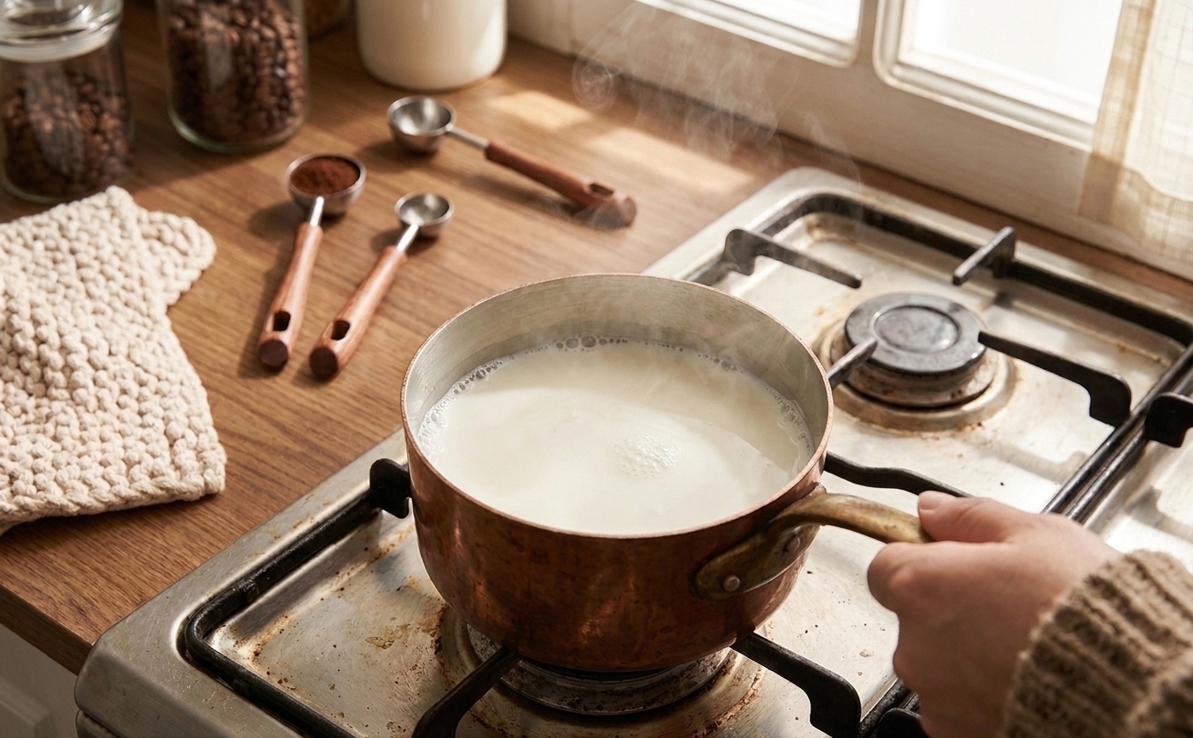 Milk heating gently in a small saucepan with light steam rising