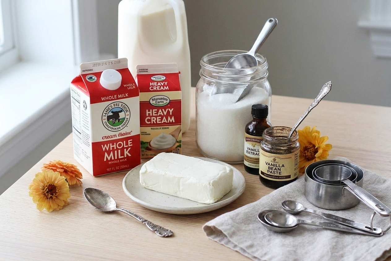 Milk, heavy cream, sugar, cream cheese, vanilla extract, and vanilla bean paste arranged on a clean kitchen counter with measuring cups