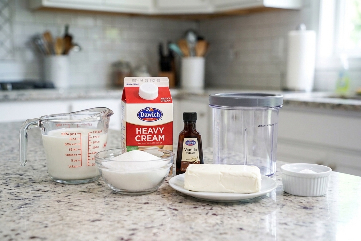 Milk, heavy cream, sugar, vanilla extract, cream cheese, and a pinch of salt measured on a bright kitchen counter with a Ninja Creami pint nearby