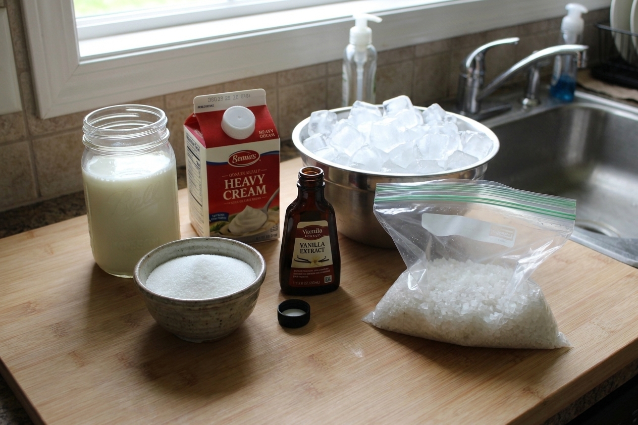 Milk, heavy cream, sugar, vanilla extract, ice cubes, and coarse salt arranged on a clean kitchen counter
