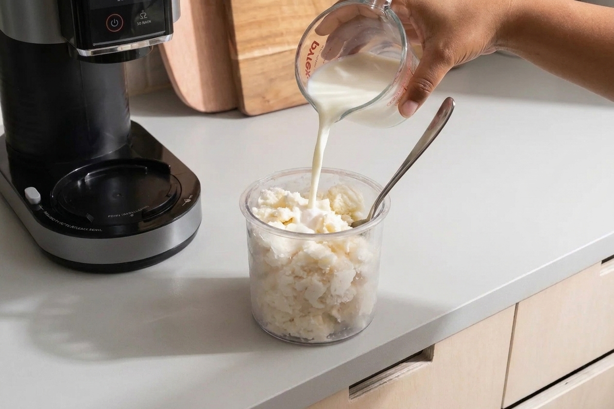 Milk poured into the center of a crumbly vanilla ice cream pint before running the Ninja Creami re-spin cycle