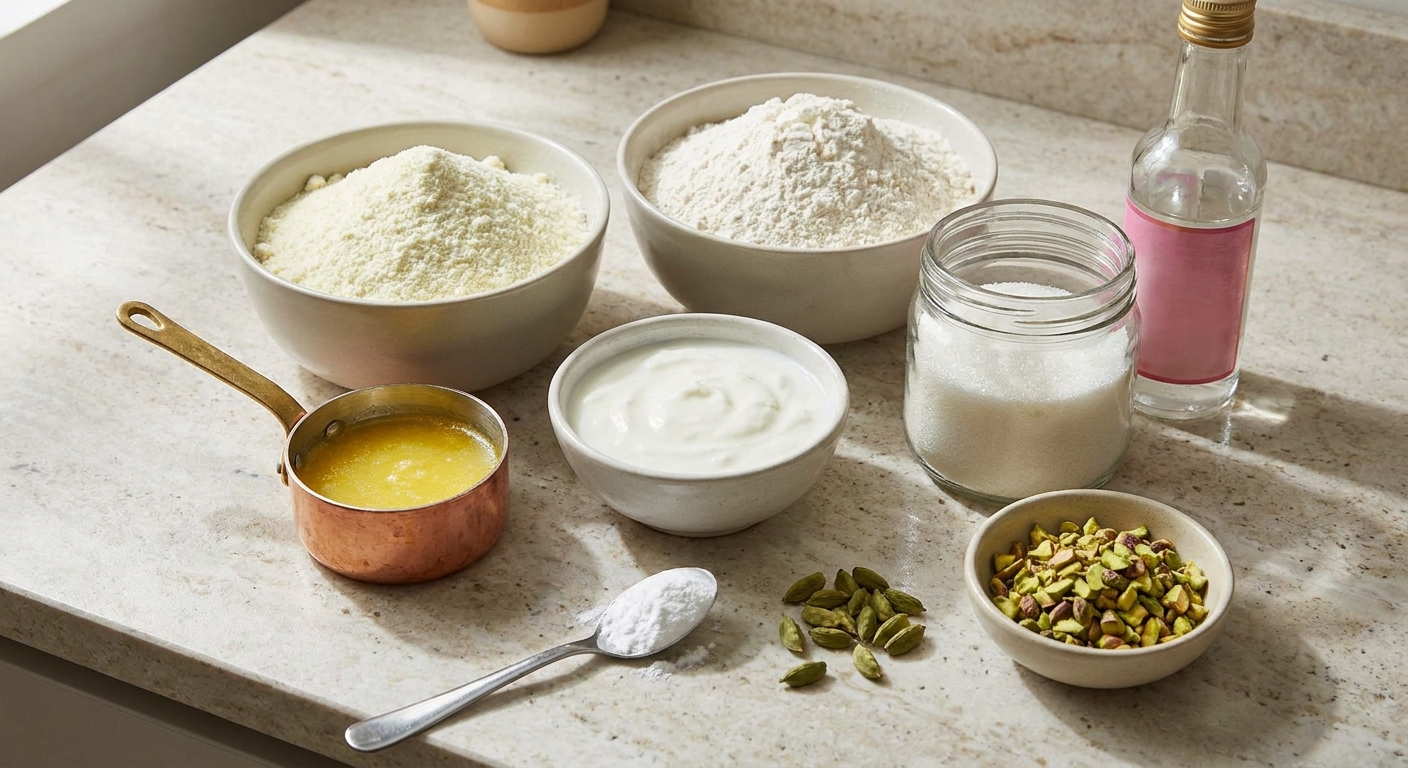 Milk powder, all-purpose flour, ghee, yogurt, baking powder, cardamom pods, sugar, rose water, and chopped pistachios arranged on a light stone kitchen counter