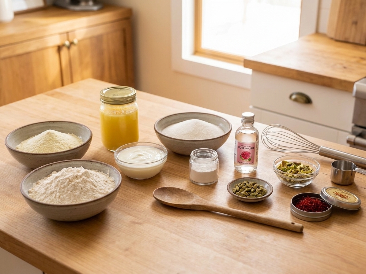 Milk powder, flour, ghee, yogurt, baking powder, sugar, cardamom pods, rose water, and pistachios arranged on a bright kitchen counter