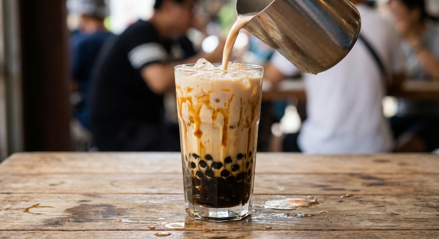 Milk tea being poured into a glass over brown sugar boba with ice