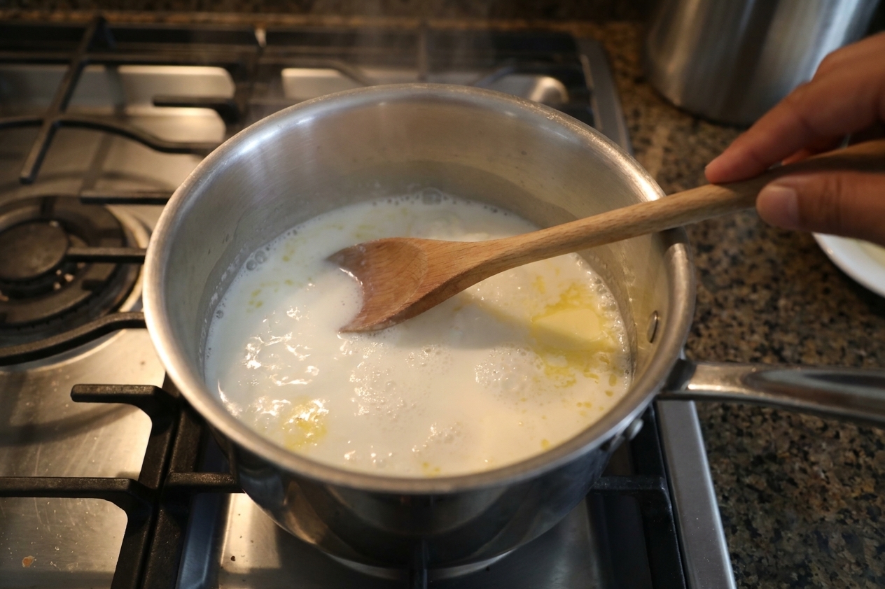 Milk, water, and butter simmering in a stainless steel saucepan on a home stove
