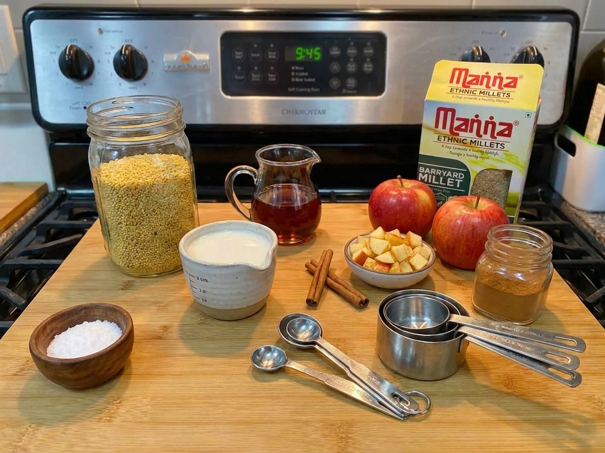 Millet, milk, maple syrup, apples, cinnamon, and salt arranged on a clean kitchen counter with measuring cups