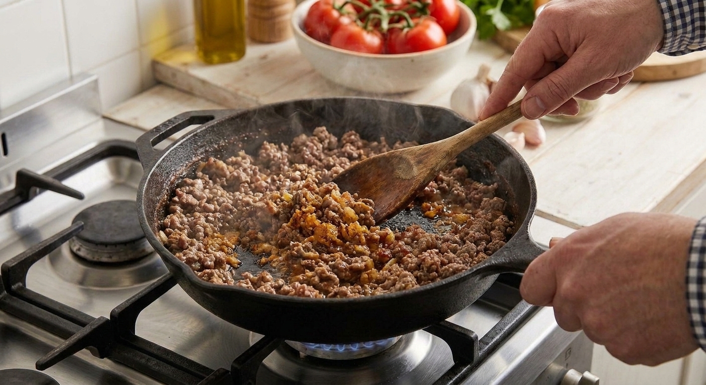 Minced beef browning in a skillet with visible golden crispy bits forming on the bottom