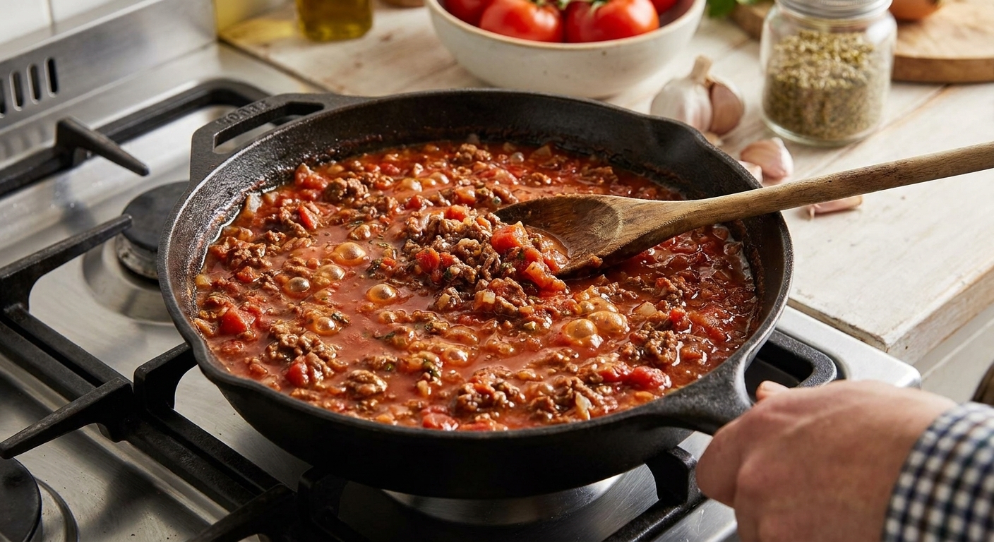 Minced beef tomato sauce simmering in a large skillet on a stovetop with a wooden spoon resting inside