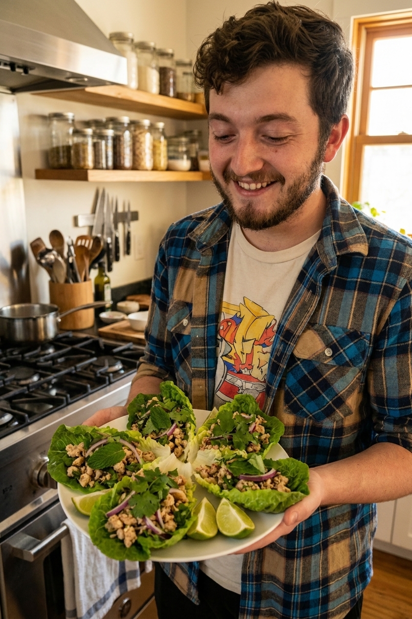 Minced chicken larb with mint, cilantro, and red onion served in romaine lettuce cups with lime wedges