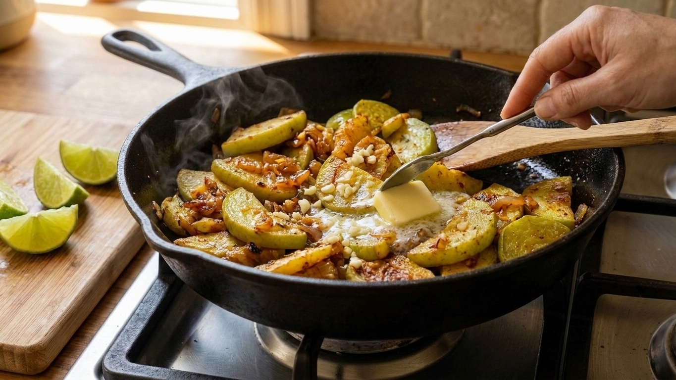 Minced garlic and a pat of butter melting into sautéed chayote in a skillet on the stove