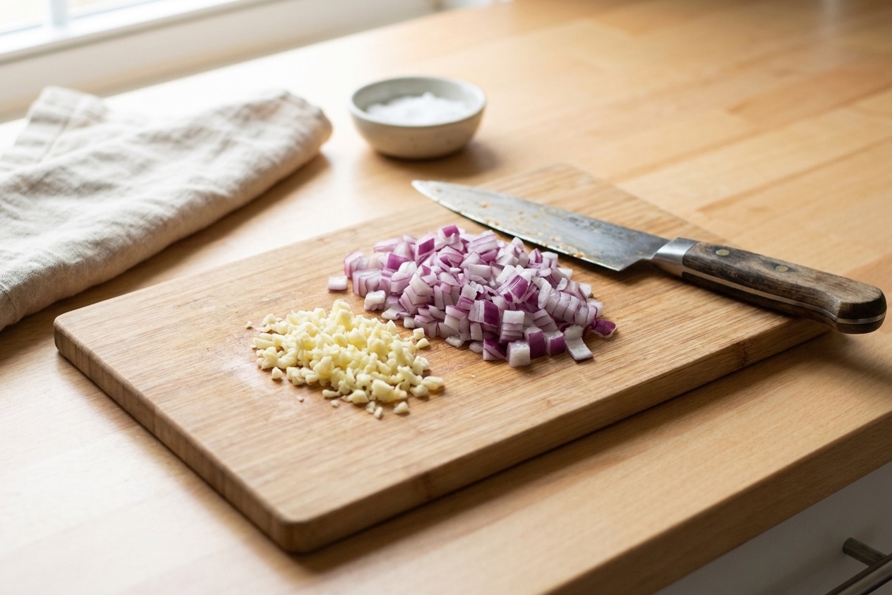 Minced garlic and diced onion on a wooden cutting board next to a chef's knife on a kitchen counter