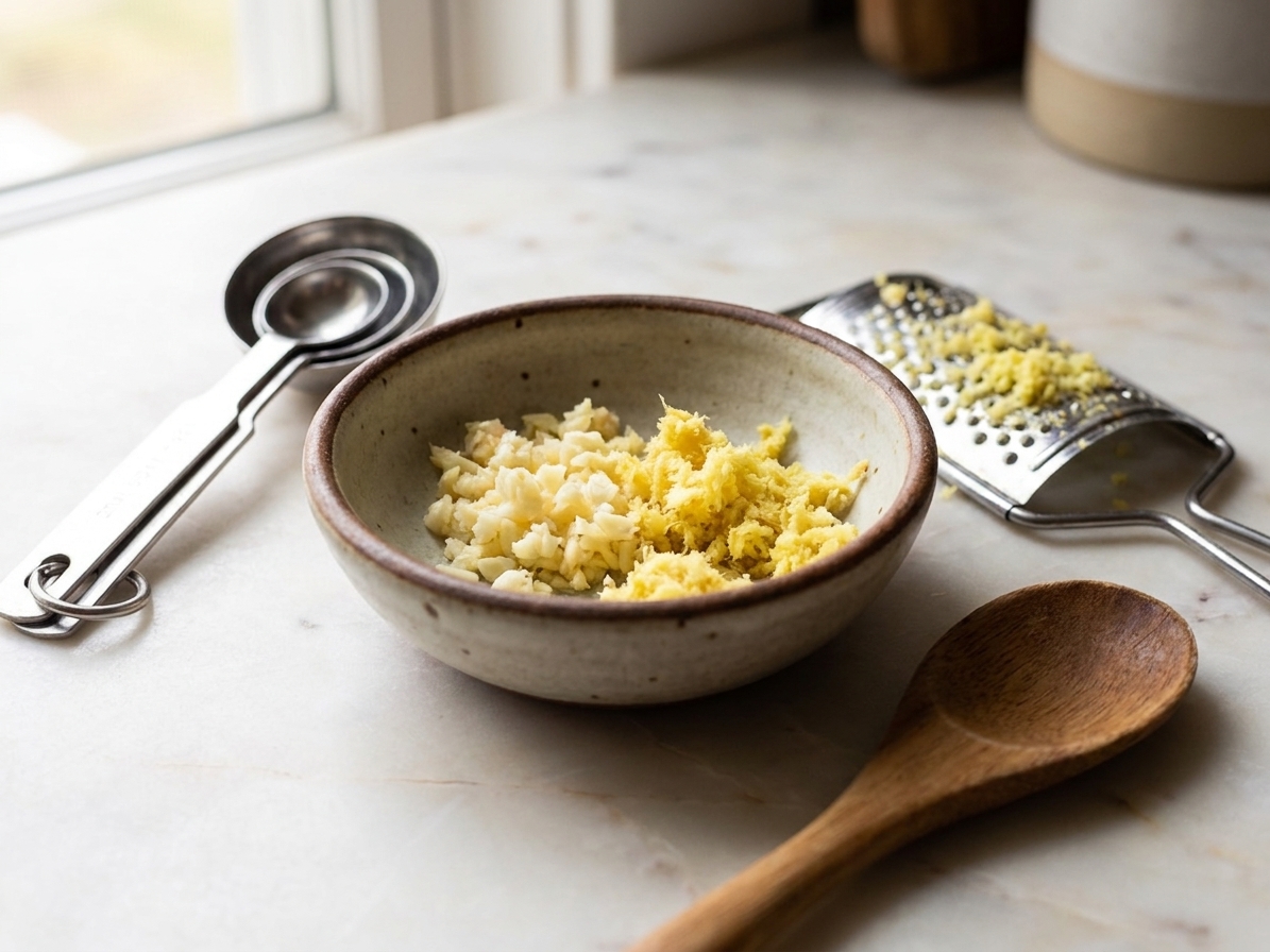 Minced garlic and freshly grated ginger in a small bowl on a kitchen counter next to measuring spoons