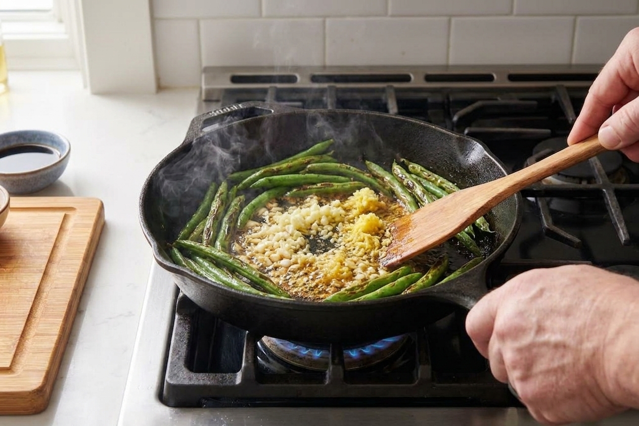 Minced garlic and ginger sizzling in the center of a skillet while blistered green beans rest around the edges
