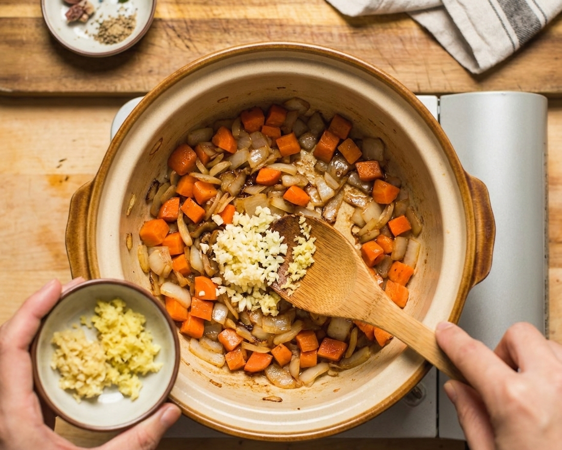 Minced garlic and grated ginger being stirred into sauteing onions and carrots in a pot