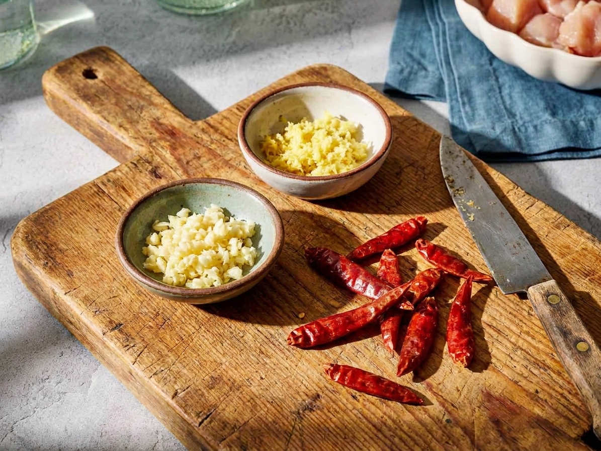 Minced garlic and grated ginger in small bowls beside dried red chiles on a wooden cutting board on a kitchen counter