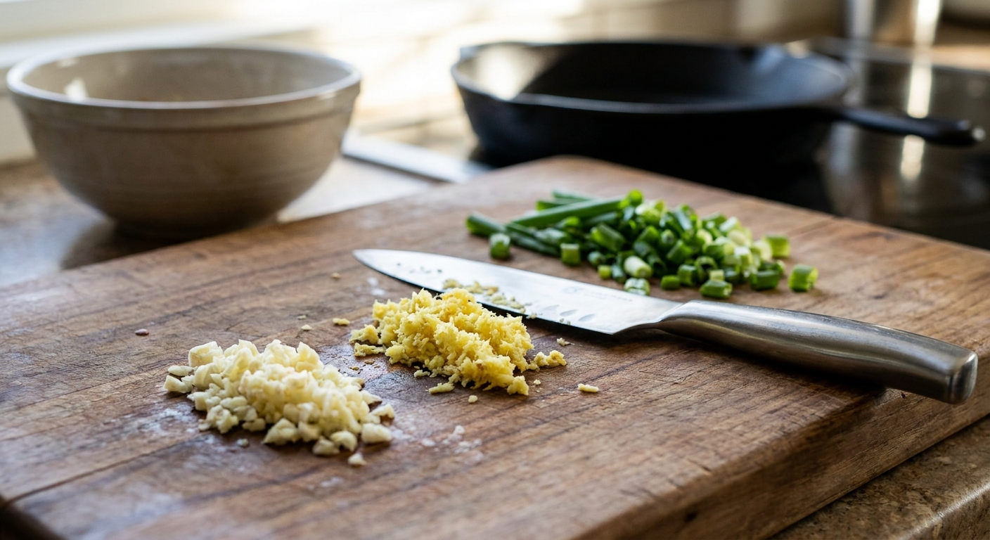 Minced garlic and grated ginger on a wooden cutting board with a chef’s knife and scallions nearby