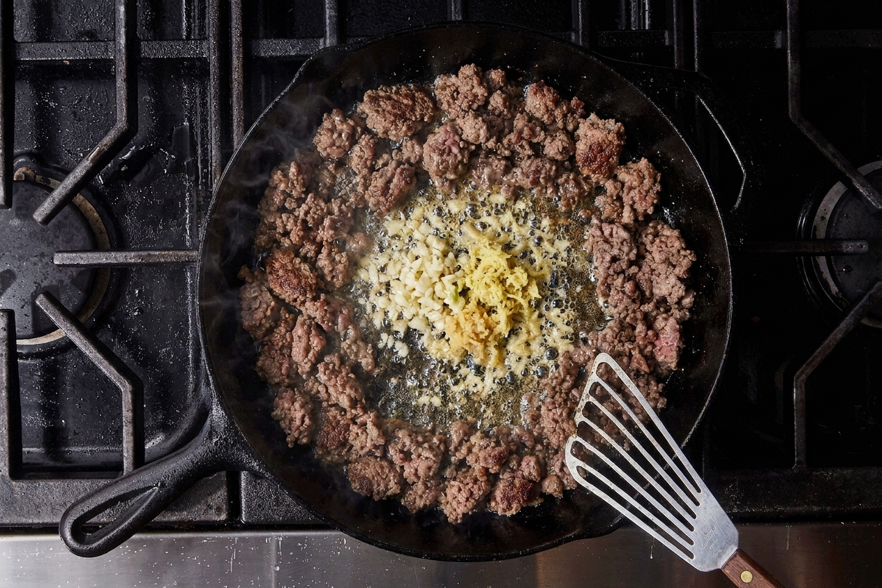 Minced garlic and grated ginger sizzling in the center of a skillet with browned ground beef pushed to the sides