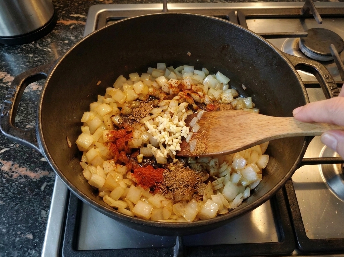 Minced garlic and ground spices being stirred into sautéed onions in a pot on the stove