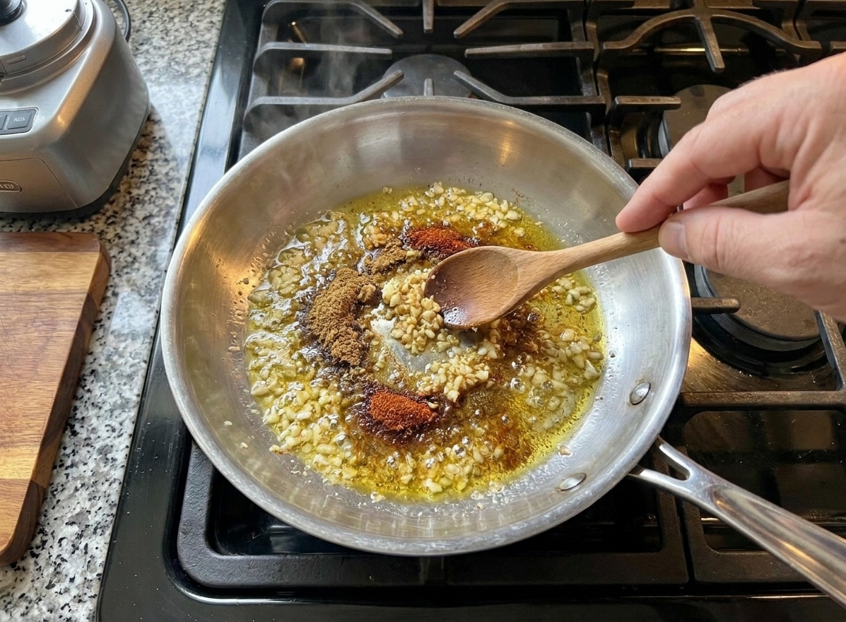 Minced garlic and ground spices in a small skillet with olive oil just starting to sizzle on a stovetop