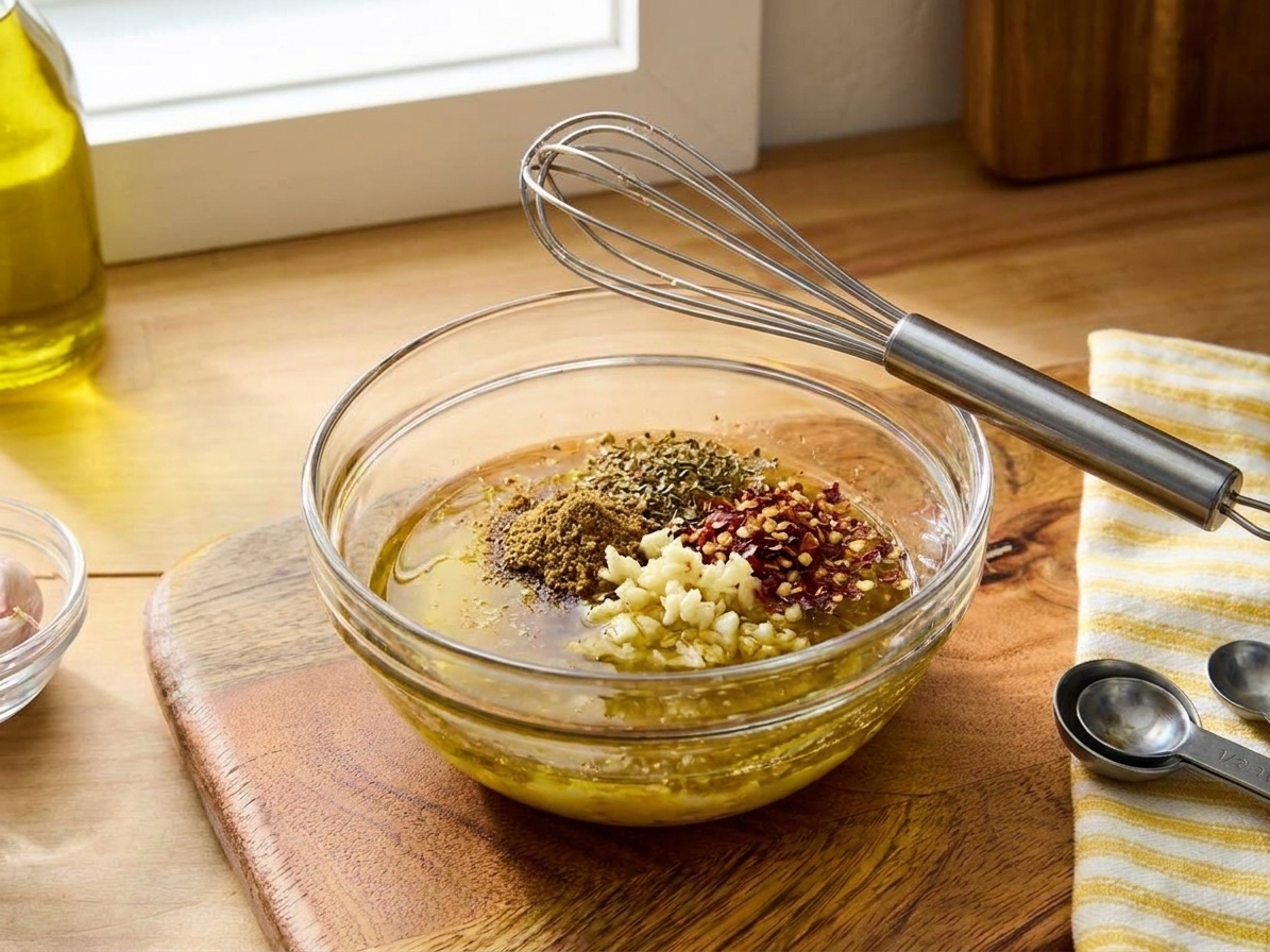 Minced garlic and ground spices sitting on top of citrus and oil in a glass bowl before whisking