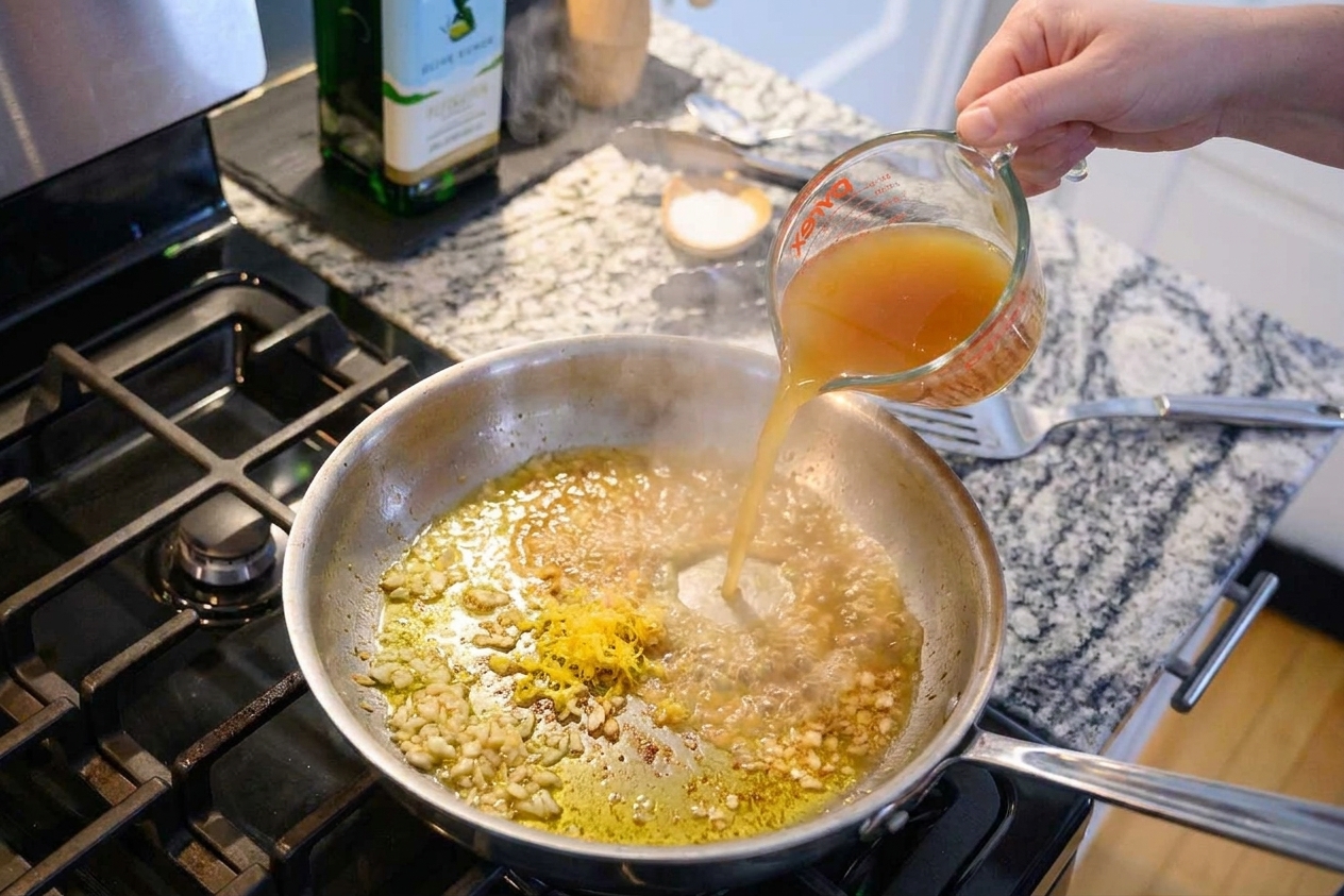 Minced garlic and lemon zest sizzling in a skillet as broth is poured in to deglaze the pan