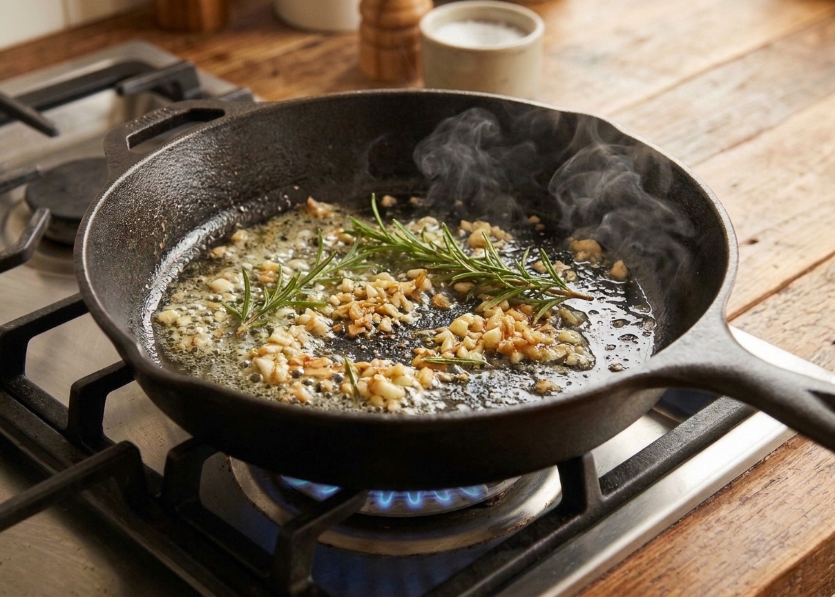 Minced garlic and rosemary sizzling in melted butter in a skillet