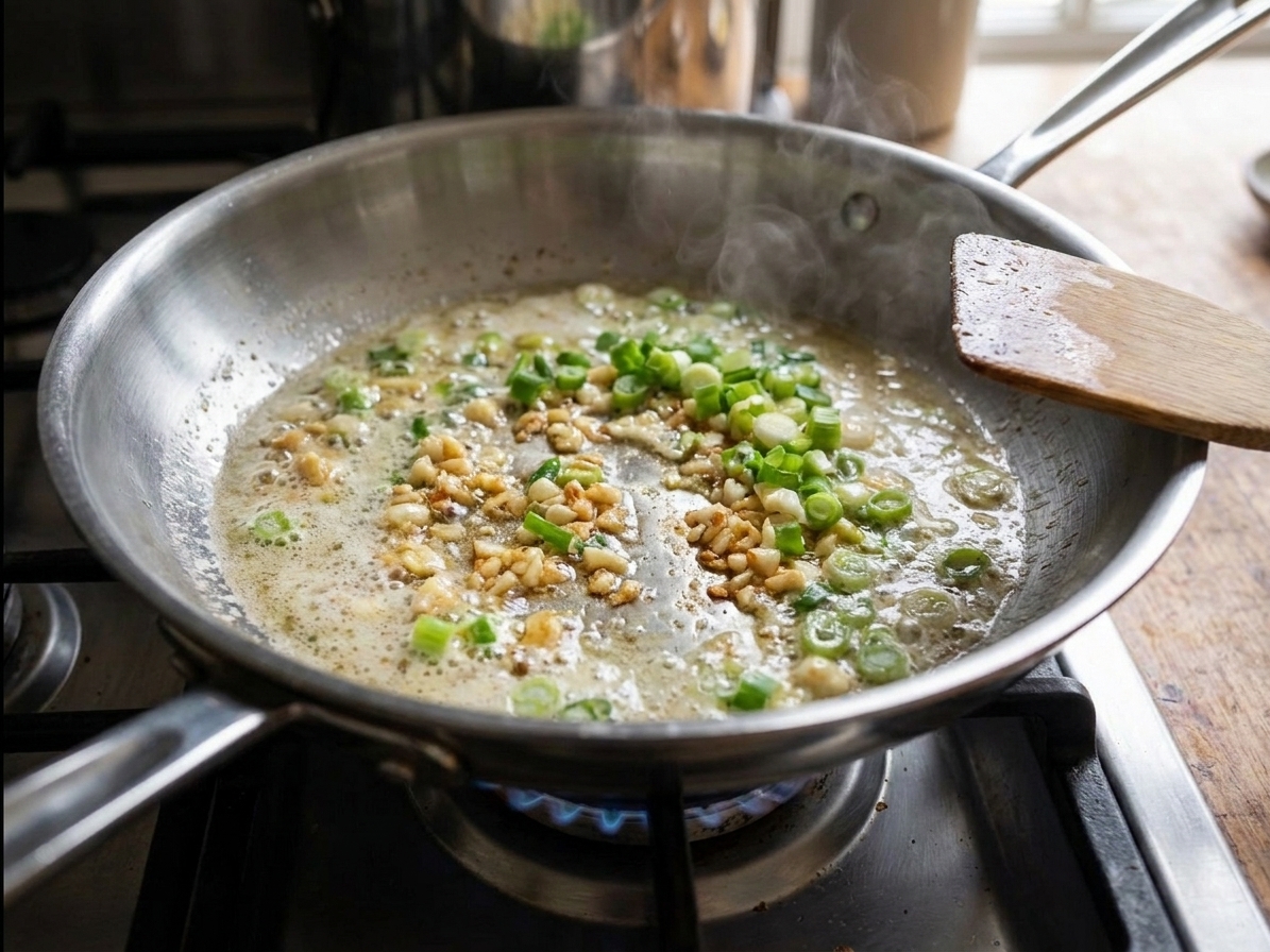 Minced garlic and sliced green onion sizzling in melted butter in a large skillet on a stove