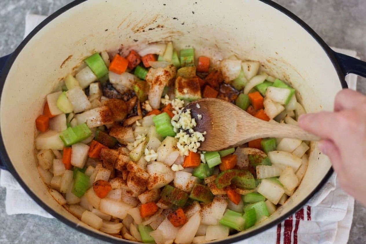 Minced garlic and smoked paprika being stirred into softened vegetables in a pot