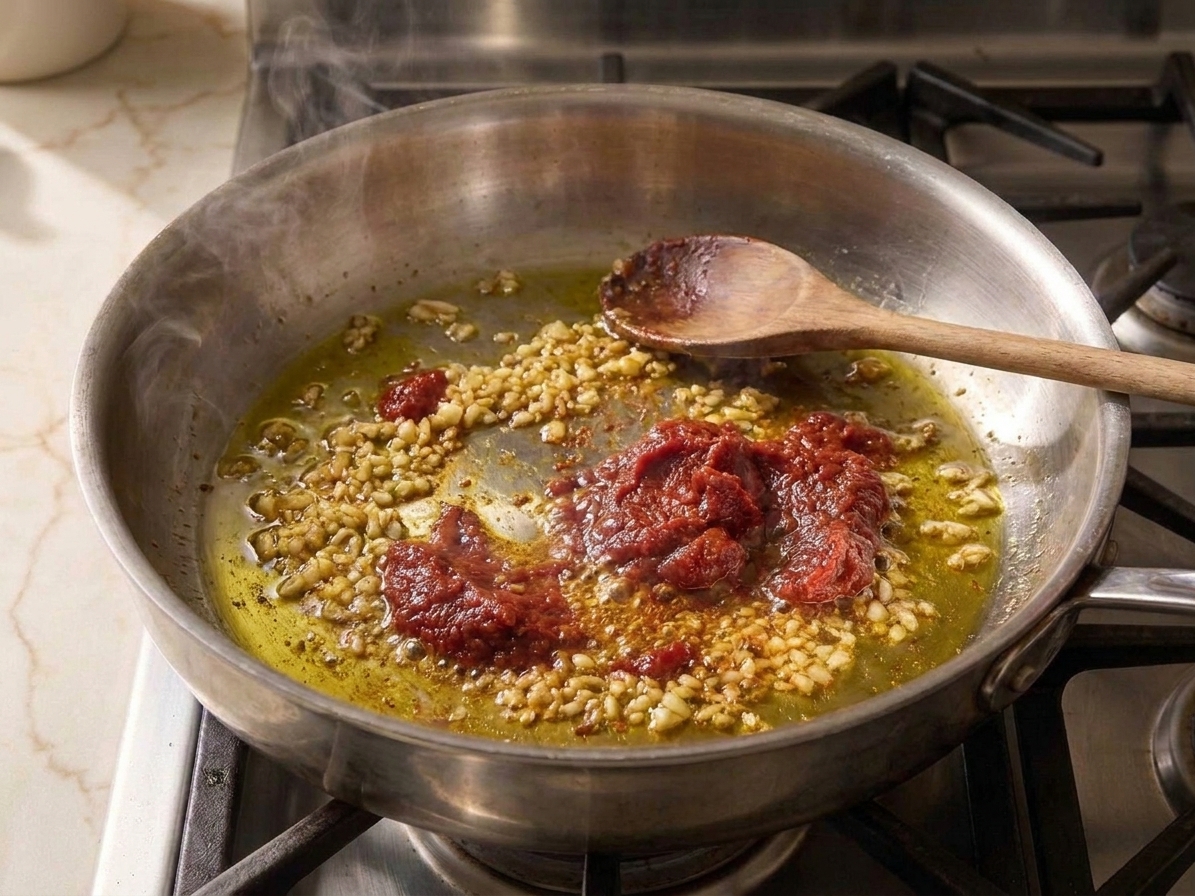 Minced garlic and tomato paste sizzling in a large skillet on a home stove with a wooden spoon resting nearby