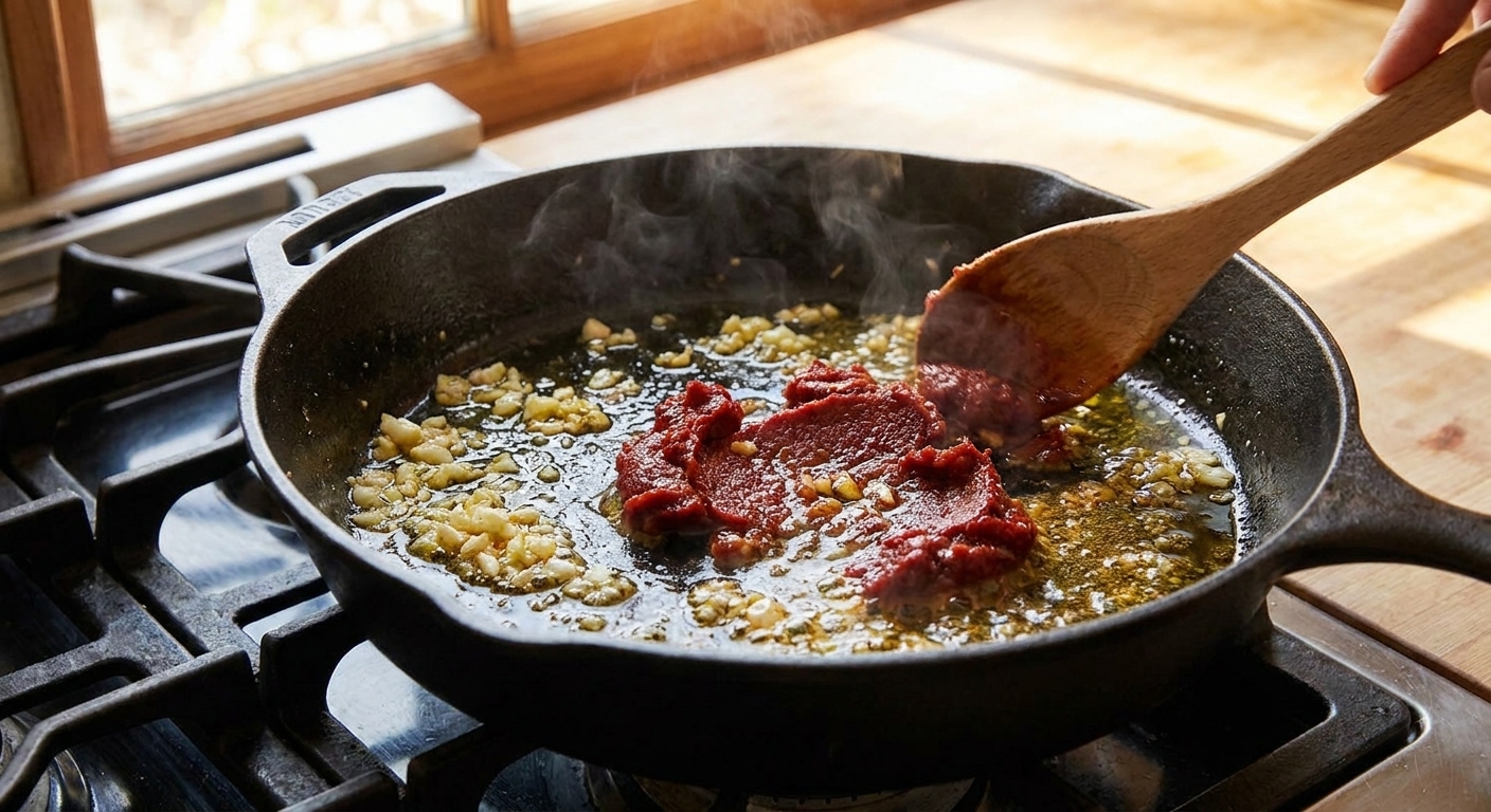Minced garlic and tomato paste sizzling in olive oil in a large skillet on a stovetop