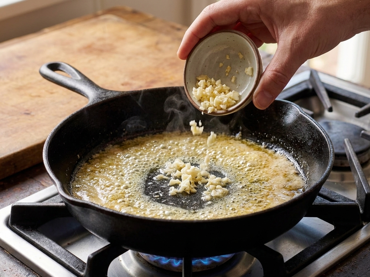 Minced garlic being added to melted butter in a hot skillet on a home stove