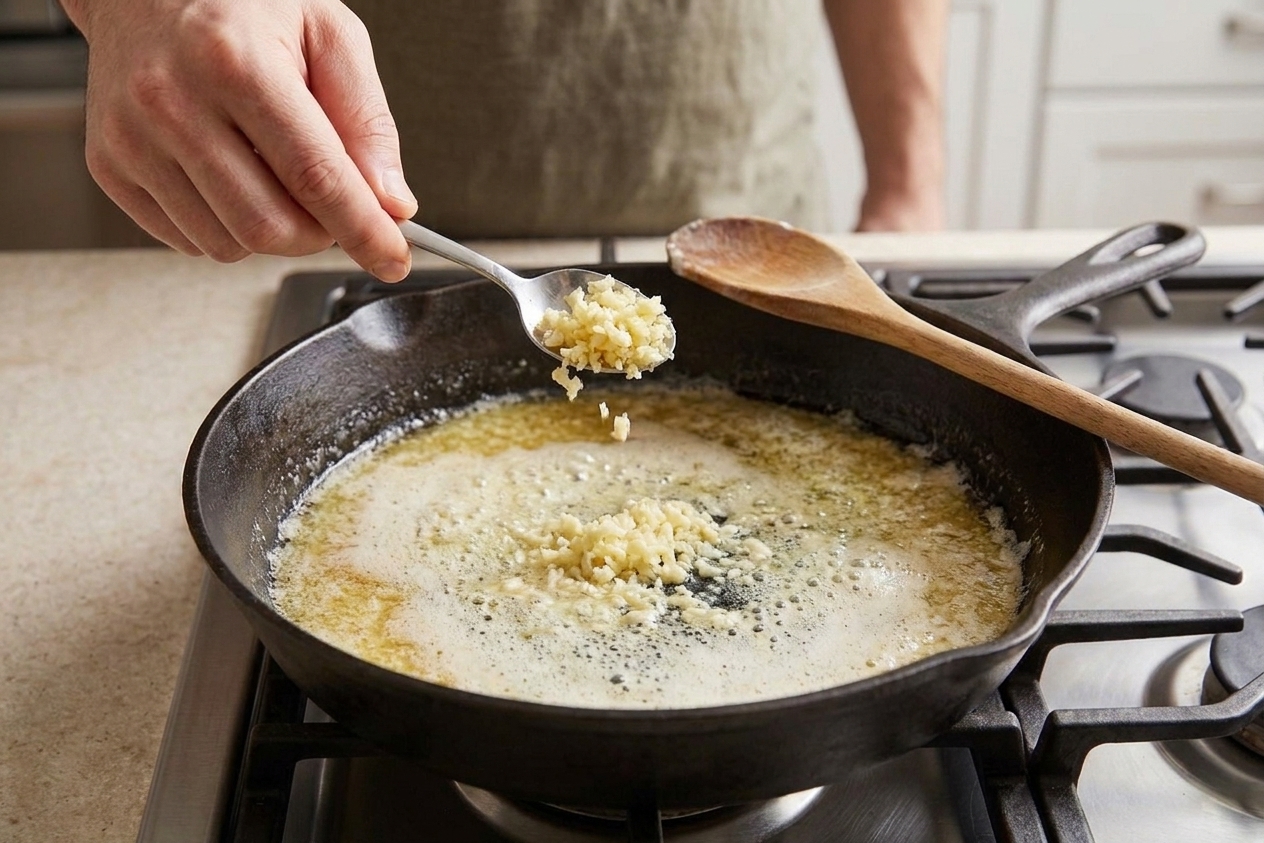 Minced garlic being added to melted butter in a warm skillet on a home stove with a wooden spoon nearby