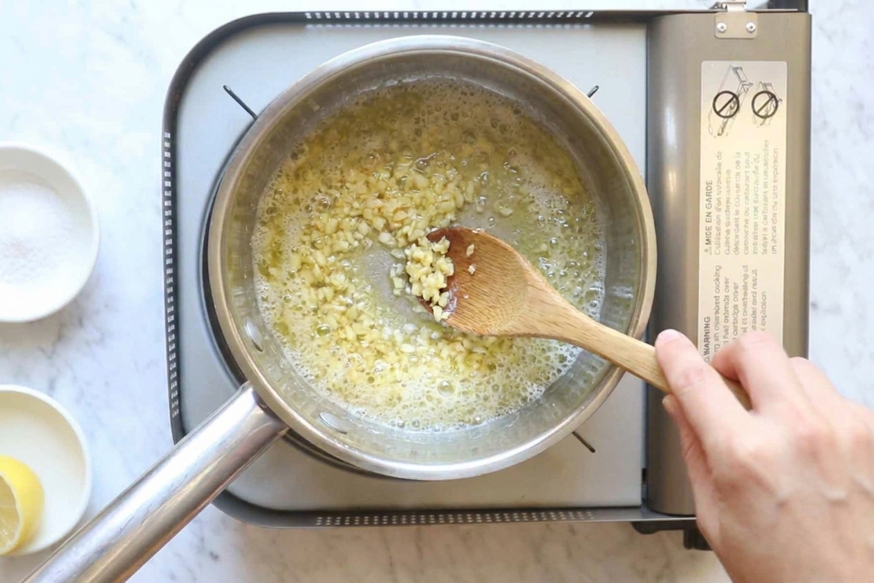Minced garlic being stirred in melted butter and oil in a saucepan on a stovetop