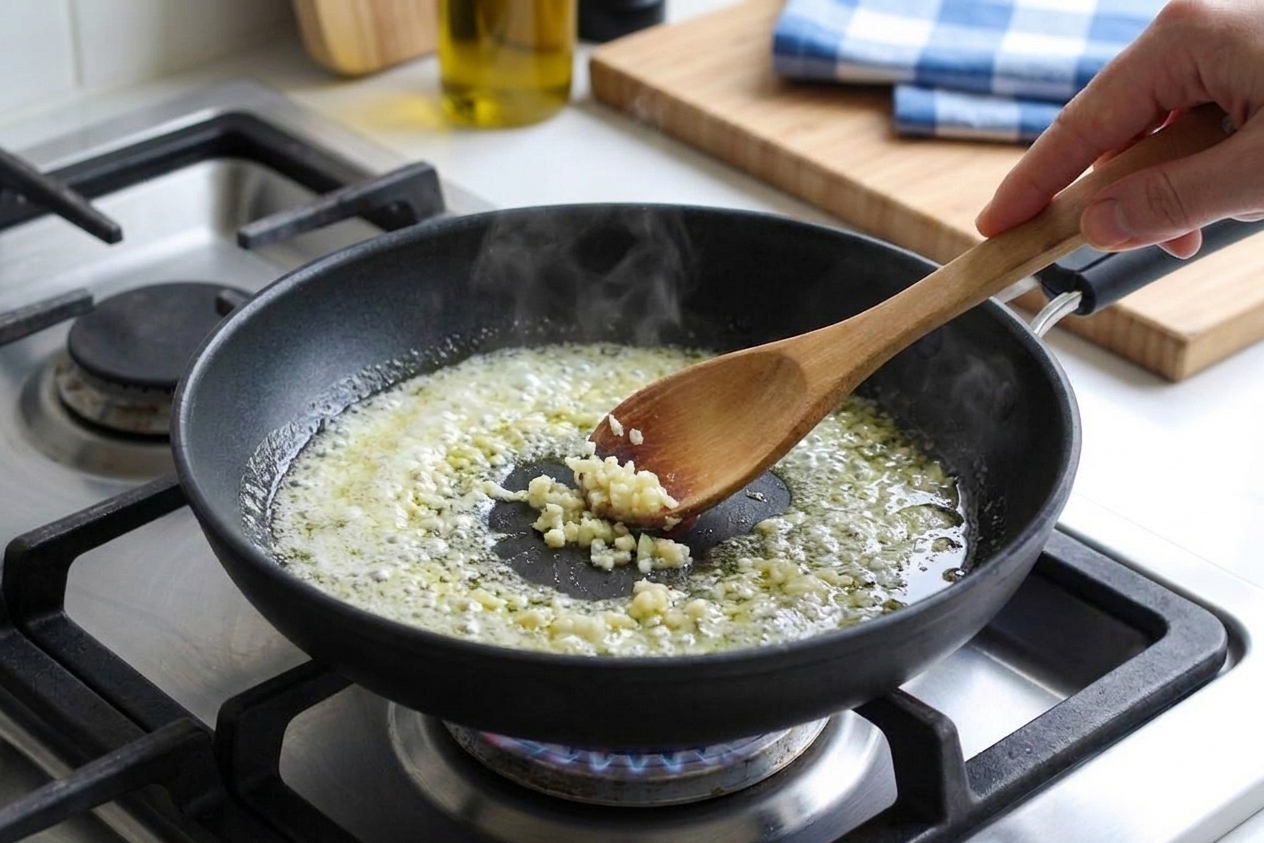 Minced garlic being stirred into melted butter in a skillet with a wooden spoon