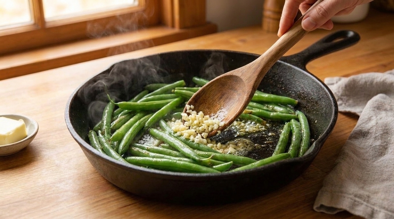 Minced garlic being stirred into sautéed green beans in a skillet with a wooden spoon